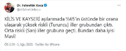 Bakan Koca: Kilis ve Kayseri orta riskli iller grubuna geti