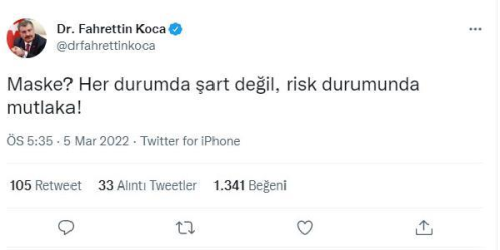 Bakan Koca: Maske risk durumunda art