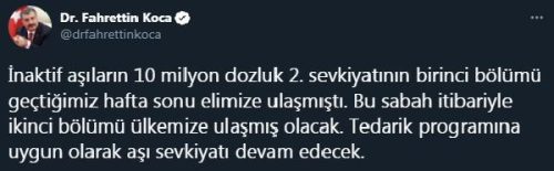 Son dakika haberleri: Bakan Koca: 10 milyon dozluk 2'ncisevkiyatn 2'nci blm bu sabah lkemize ulaacak